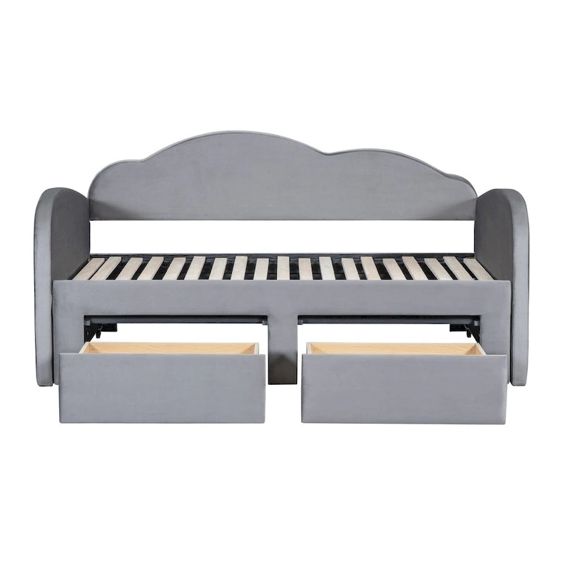 Lit de repos double en velours gris/beige/rose avec dossier en forme de nuage, lit gigogne escamotable, 2 tiroirs et ports USB, pour 1-2 personnes