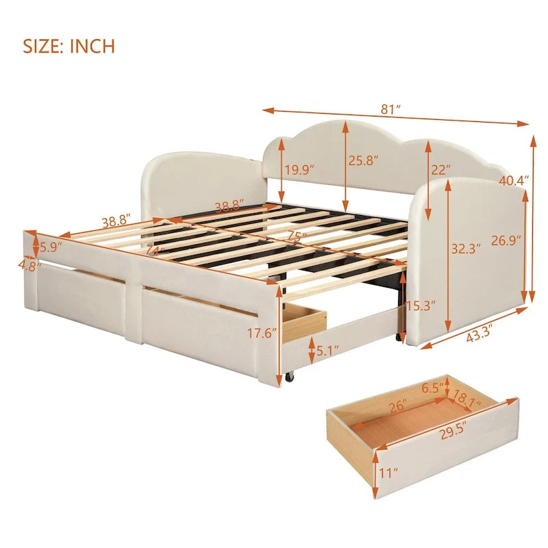 Lit de repos double en velours gris/beige/rose avec dossier en forme de nuage, lit gigogne escamotable, 2 tiroirs et ports USB, pour 1-2 personnes