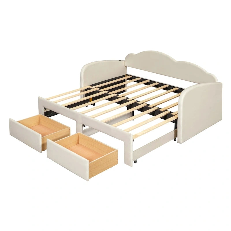 Lit de repos double en velours gris/beige/rose avec dossier en forme de nuage, lit gigogne escamotable, 2 tiroirs et ports USB, pour 1-2 personnes