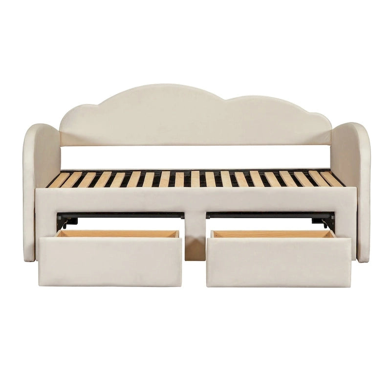 Lit de repos double en velours gris/beige/rose avec dossier en forme de nuage, lit gigogne escamotable, 2 tiroirs et ports USB, pour 1-2 personnes