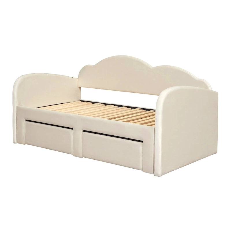 Lit de repos double en velours gris/beige/rose avec dossier en forme de nuage, lit gigogne escamotable, 2 tiroirs et ports USB, pour 1-2 personnes