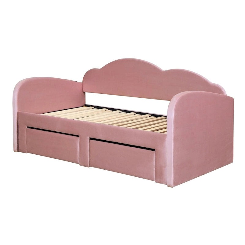 Lit de repos double en velours gris/beige/rose avec dossier en forme de nuage, lit gigogne escamotable, 2 tiroirs et ports USB, pour 1-2 personnes