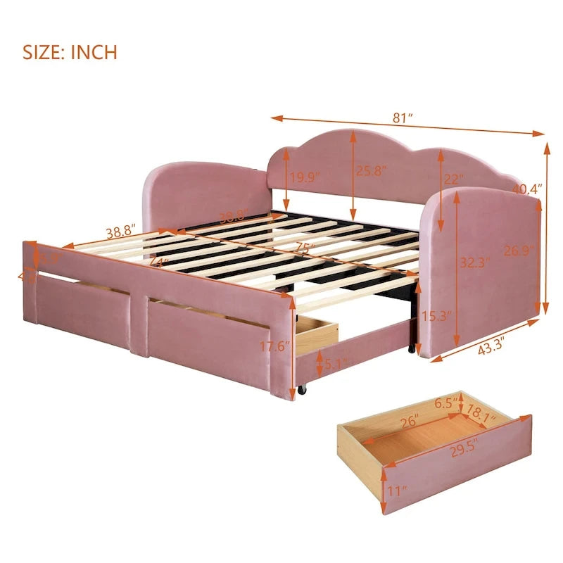 Lit de repos double en velours gris/beige/rose avec dossier en forme de nuage, lit gigogne escamotable, 2 tiroirs et ports USB, pour 1-2 personnes