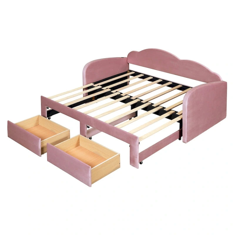 Lit de repos double en velours gris/beige/rose avec dossier en forme de nuage, lit gigogne escamotable, 2 tiroirs et ports USB, pour 1-2 personnes