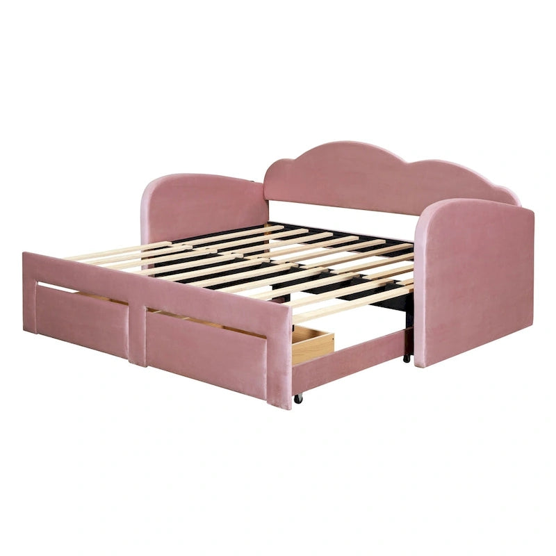 Lit de repos double en velours gris/beige/rose avec dossier en forme de nuage, lit gigogne escamotable, 2 tiroirs et ports USB, pour 1-2 personnes