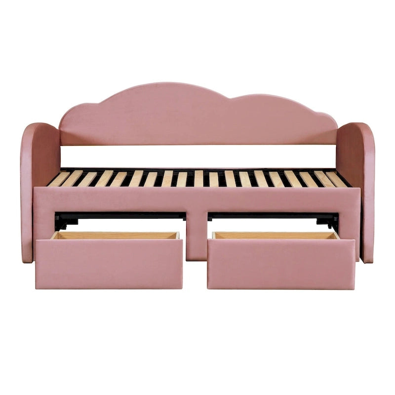 Lit de repos double en velours gris/beige/rose avec dossier en forme de nuage, lit gigogne escamotable, 2 tiroirs et ports USB, pour 1-2 personnes
