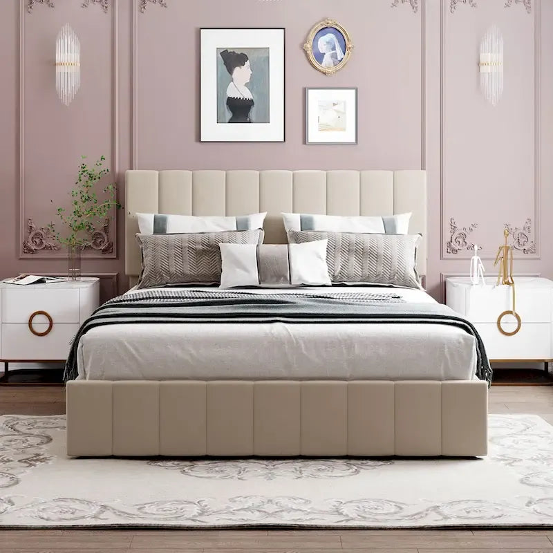 Lit plateforme beige queen size en lin capitonné avec rangement hydraulique, tête de lit en tissu et 24 lattes, pour 2 personnes