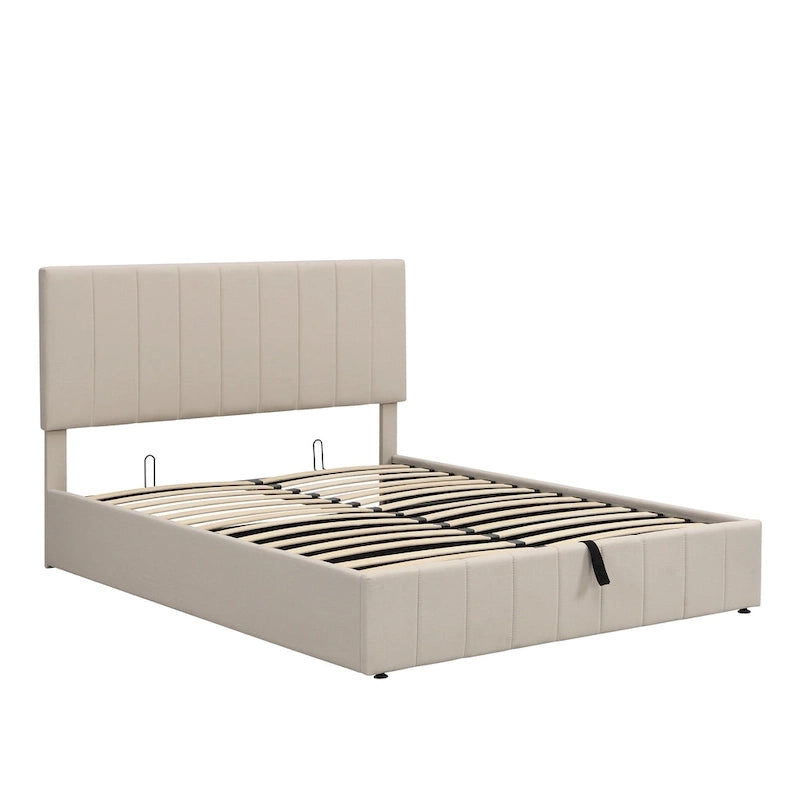 Lit plateforme beige queen size en lin capitonné avec rangement hydraulique, tête de lit en tissu et 24 lattes, pour 2 personnes