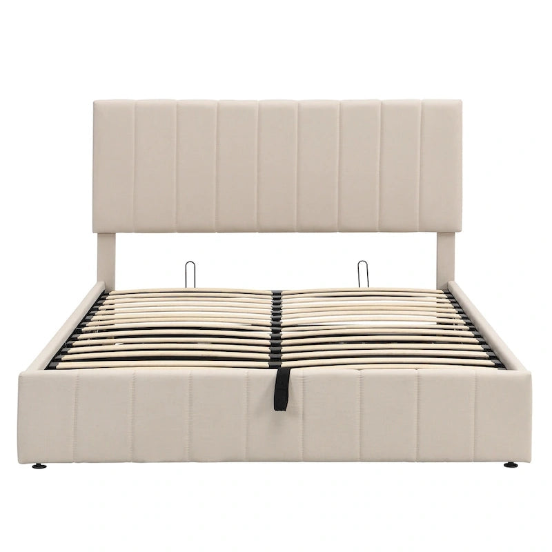Lit plateforme beige queen size en lin capitonné avec rangement hydraulique, tête de lit en tissu et 24 lattes, pour 2 personnes