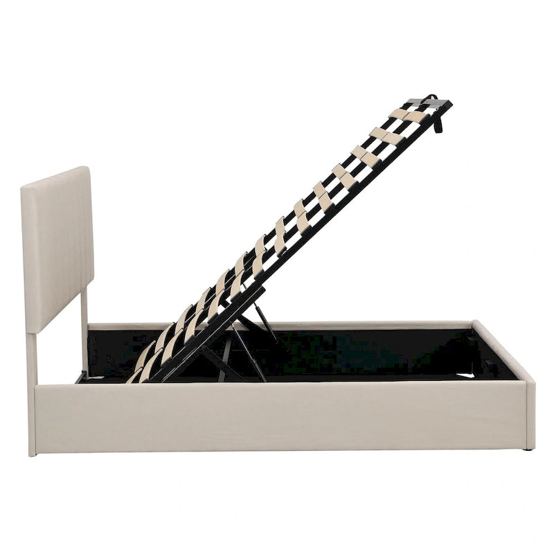 Lit plateforme beige queen size en lin capitonné avec rangement hydraulique, tête de lit en tissu et 24 lattes, pour 2 personnes