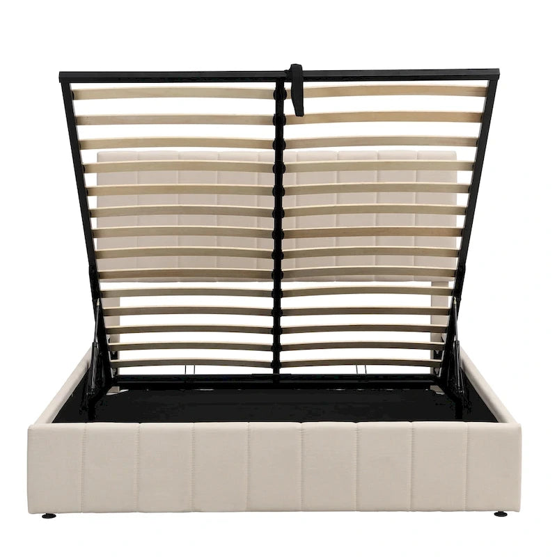 Lit plateforme beige queen size en lin capitonné avec rangement hydraulique, tête de lit en tissu et 24 lattes, pour 2 personnes