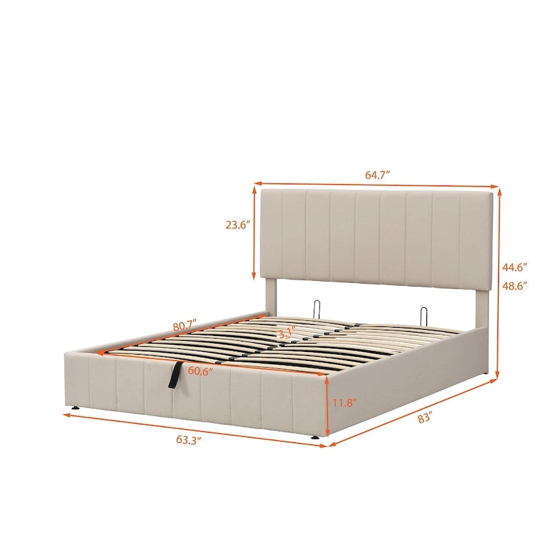 Lit plateforme beige queen size en lin capitonné avec rangement hydraulique, tête de lit en tissu et 24 lattes, pour 2 personnes
