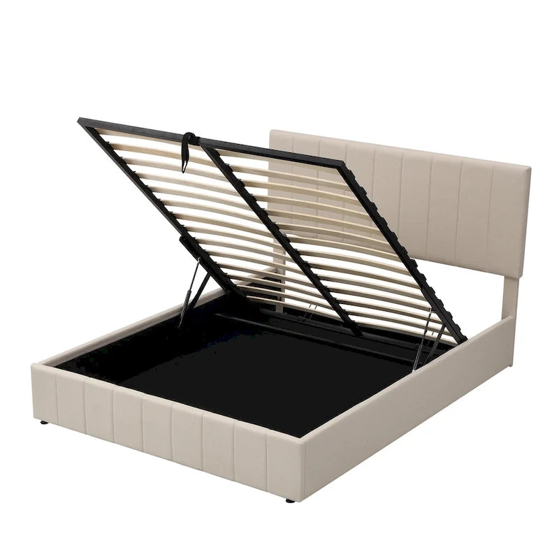 Lit plateforme beige queen size en lin capitonné avec rangement hydraulique, tête de lit en tissu et 24 lattes, pour 2 personnes