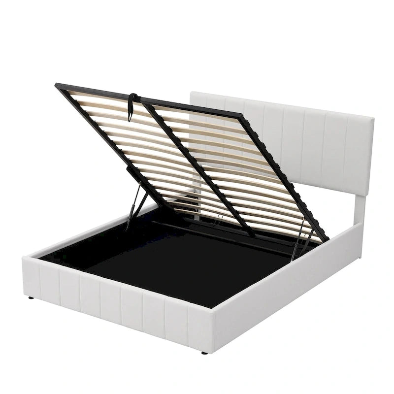 Lit plateforme beige queen size en lin capitonné avec rangement hydraulique, tête de lit en tissu et 24 lattes, pour 2 personnes