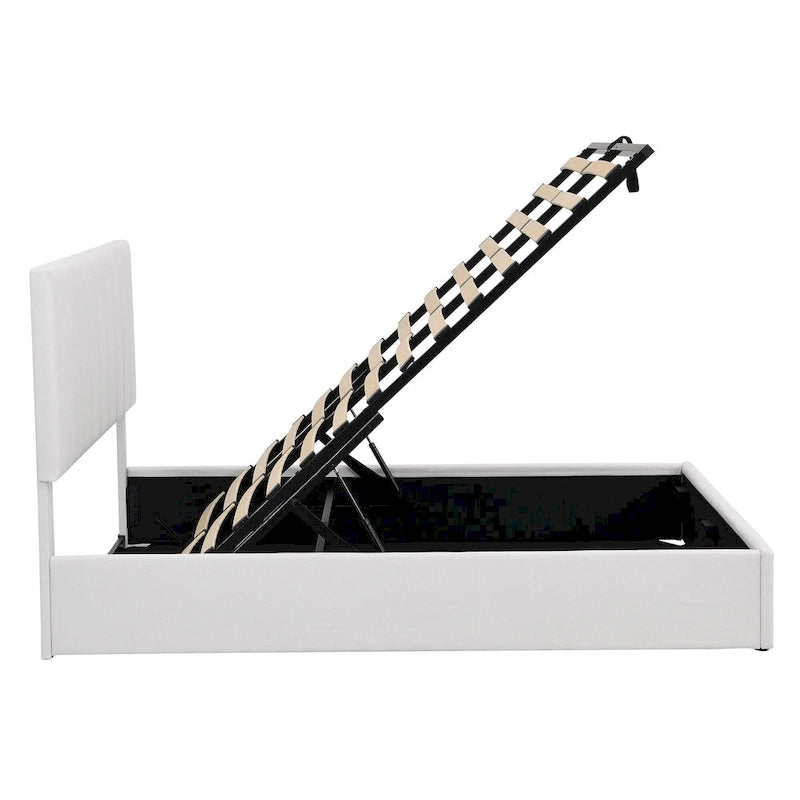 Lit plateforme beige queen size en lin capitonné avec rangement hydraulique, tête de lit en tissu et 24 lattes, pour 2 personnes