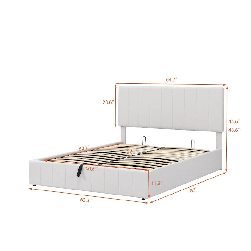 Lit plateforme beige queen size en lin capitonné avec rangement hydraulique, tête de lit en tissu et 24 lattes, pour 2 personnes