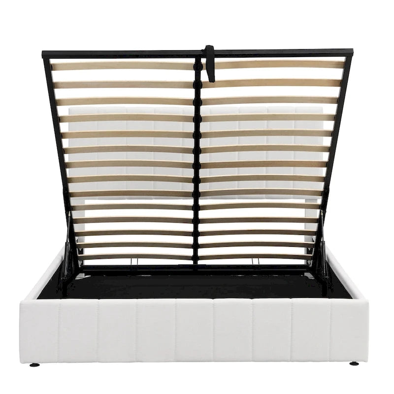 Lit plateforme beige queen size en lin capitonné avec rangement hydraulique, tête de lit en tissu et 24 lattes, pour 2 personnes