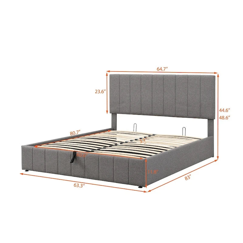 Lit plateforme beige queen size en lin capitonné avec rangement hydraulique, tête de lit en tissu et 24 lattes, pour 2 personnes