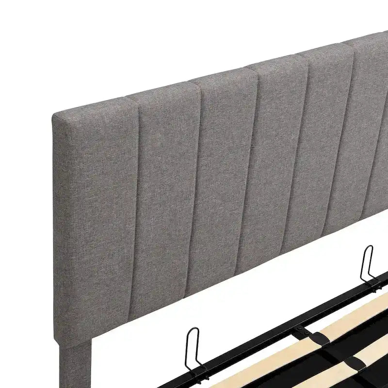 Lit plateforme beige queen size en lin capitonné avec rangement hydraulique, tête de lit en tissu et 24 lattes, pour 2 personnes