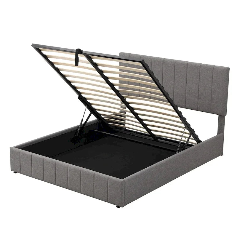 Lit plateforme beige queen size en lin capitonné avec rangement hydraulique, tête de lit en tissu et 24 lattes, pour 2 personnes