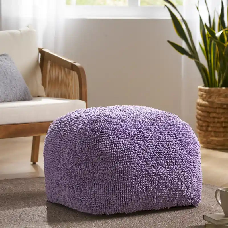 Pouf carré en chenille microfibre corail/jaune/lavande/anthracite avec housse amovible, 1 place