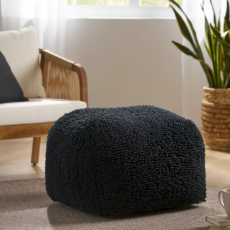 Pouf carré en chenille microfibre corail/jaune/lavande/anthracite avec housse amovible, 1 place