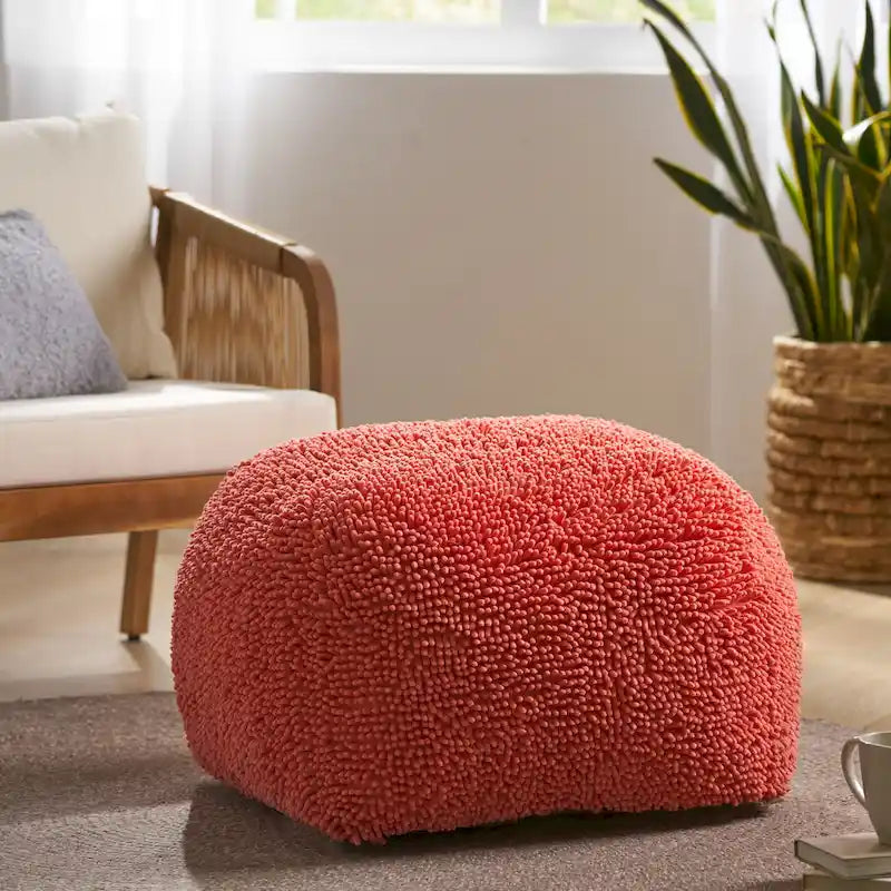 Pouf carré en chenille microfibre corail/jaune/lavande/anthracite avec housse amovible, 1 place
