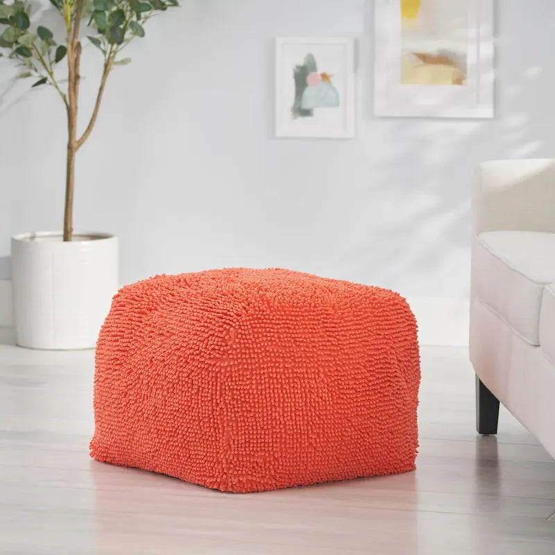 Pouf carré en chenille microfibre corail/jaune/lavande/anthracite avec housse amovible, 1 place