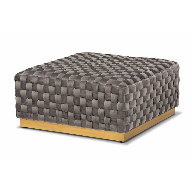 Ottoman de cocktail carré en velours gris avec base en métal doré, 1-2 places