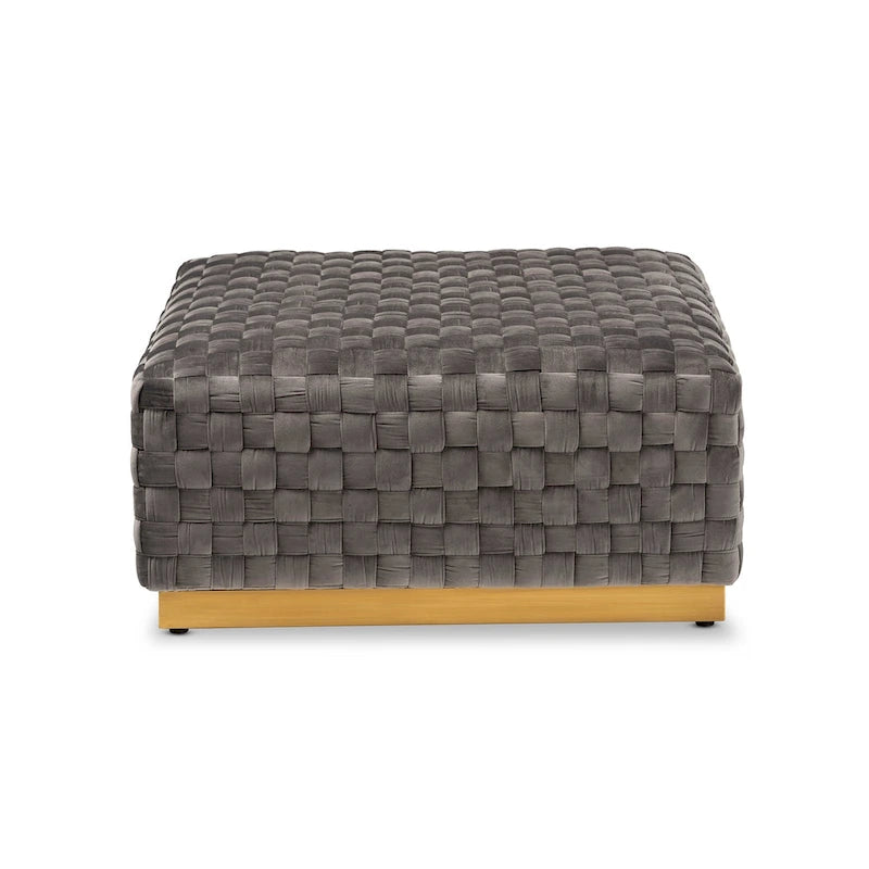 Ottoman de cocktail carré en velours gris avec base en métal doré, 1-2 places