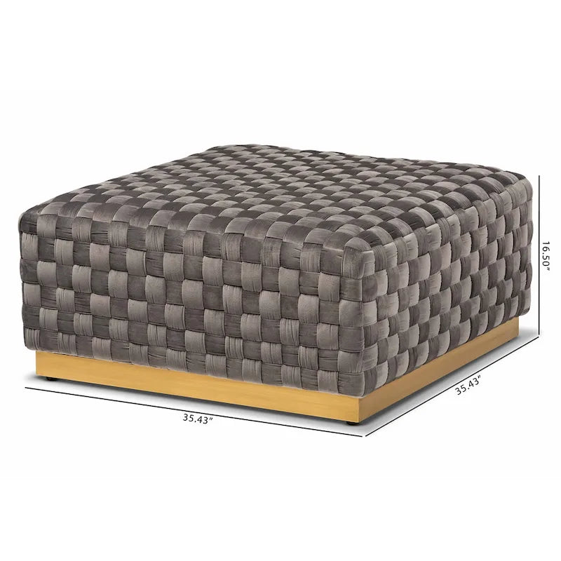 Ottoman de cocktail carré en velours gris avec base en métal doré, 1-2 places