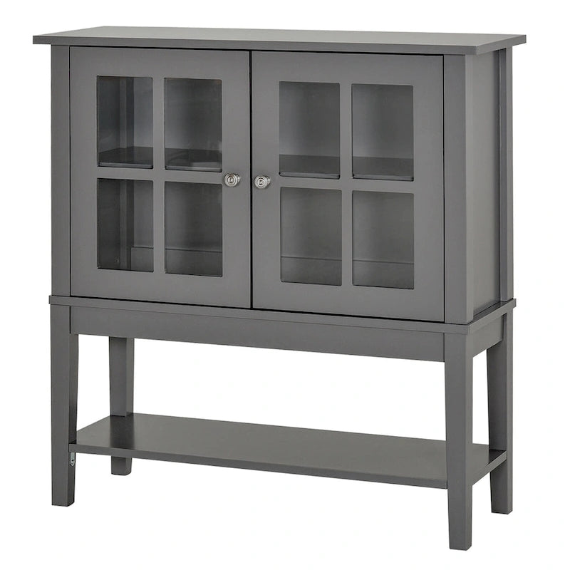 Bahut/Buffet moderne blanc/gris en MDF avec 2 portes vitrées battantes, une étagère réglable et une étagère inférieure