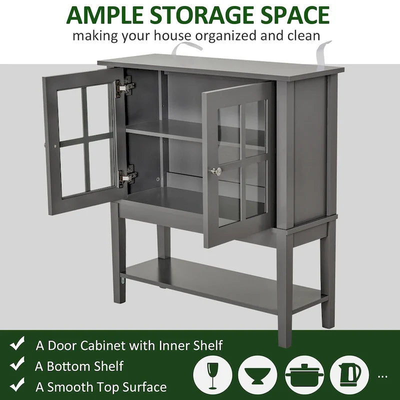 Bahut/Buffet moderne blanc/gris en MDF avec 2 portes vitrées battantes, une étagère réglable et une étagère inférieure