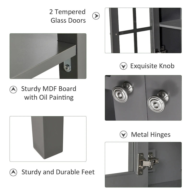 Bahut/Buffet moderne blanc/gris en MDF avec 2 portes vitrées battantes, une étagère réglable et une étagère inférieure