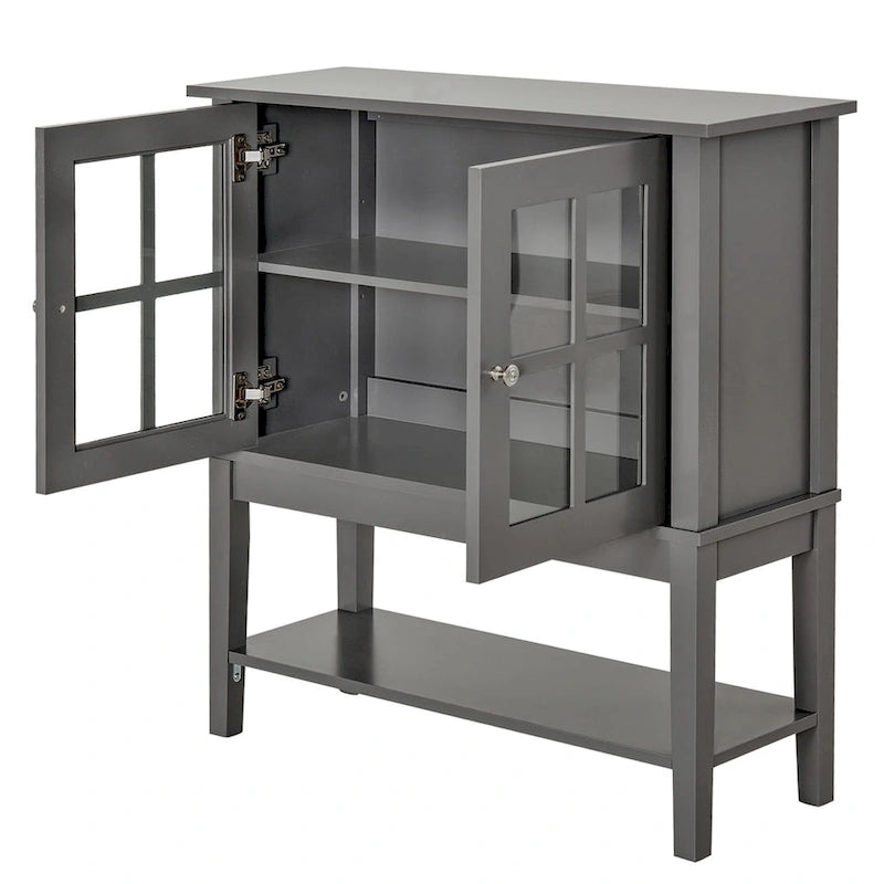 Bahut/Buffet moderne blanc/gris en MDF avec 2 portes vitrées battantes, une étagère réglable et une étagère inférieure