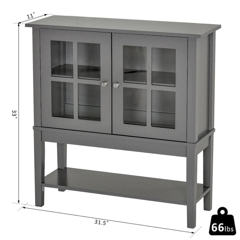 Bahut/Buffet moderne blanc/gris en MDF avec 2 portes vitrées battantes, une étagère réglable et une étagère inférieure