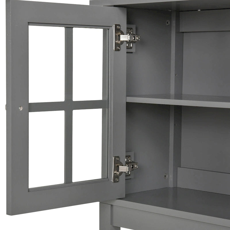 Bahut/Buffet moderne blanc/gris en MDF avec 2 portes vitrées battantes, une étagère réglable et une étagère inférieure