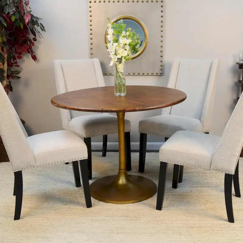 Table à manger ronde 40" en bois de manguier, coloris Orme/Doré antique ou Orme/Noir, avec pied tulipe en aluminium moulé, pour 4 personnes