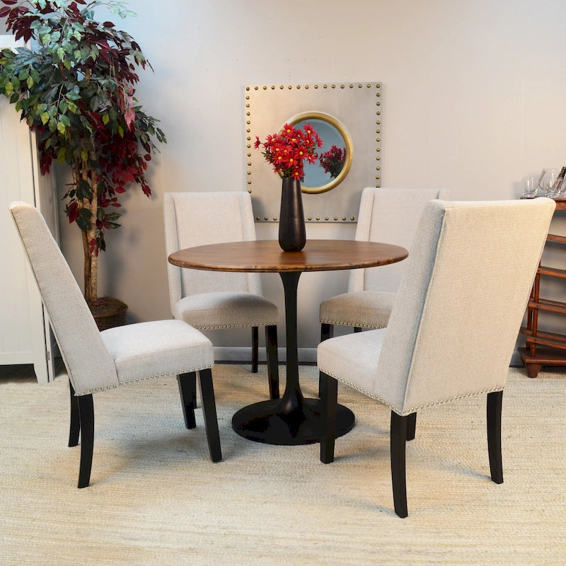 Table à manger ronde 40" en bois de manguier, coloris Orme/Doré antique ou Orme/Noir, avec pied tulipe en aluminium moulé, pour 4 personnes