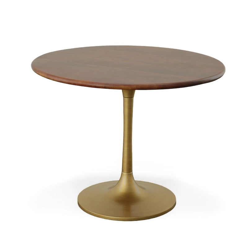 Table à manger ronde 40" en bois de manguier, coloris Orme/Doré antique ou Orme/Noir, avec pied tulipe en aluminium moulé, pour 4 personnes