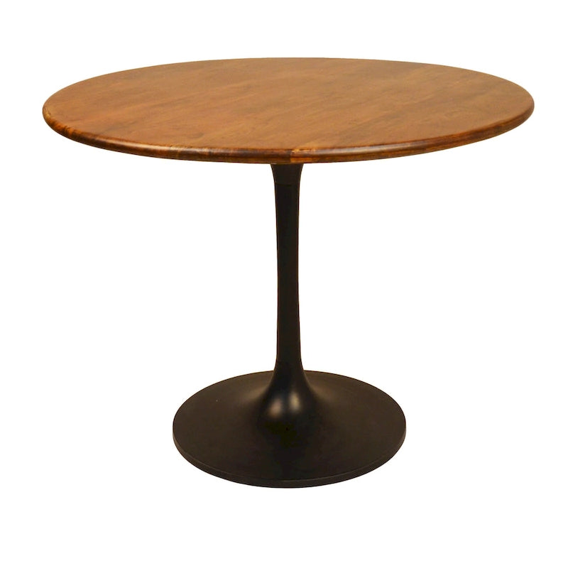 Table à manger ronde 40" en bois de manguier, coloris Orme/Doré antique ou Orme/Noir, avec pied tulipe en aluminium moulé, pour 4 personnes