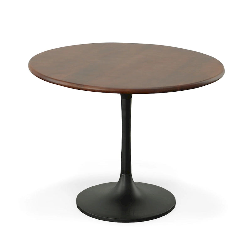 Table à manger ronde 40" en bois de manguier, coloris Orme/Doré antique ou Orme/Noir, avec pied tulipe en aluminium moulé, pour 4 personnes