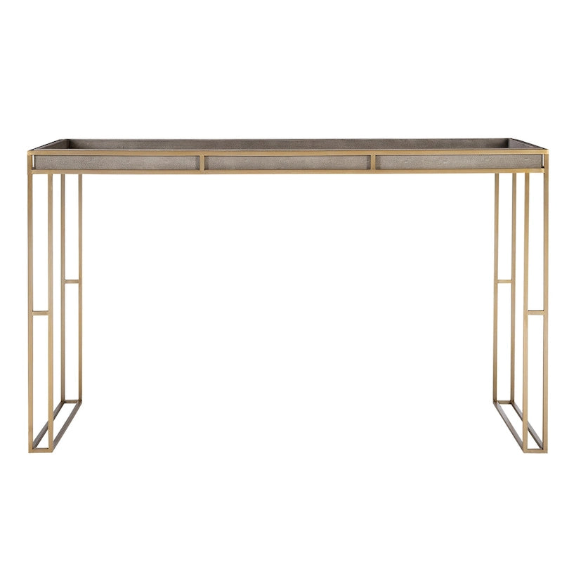 Console moderne plateau gris anthracite avec cadre en laiton brossé et plateau en faux galuchat
