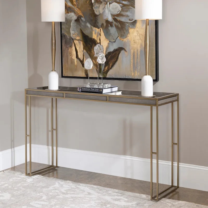 Console moderne plateau gris anthracite avec cadre en laiton brossé et plateau en faux galuchat