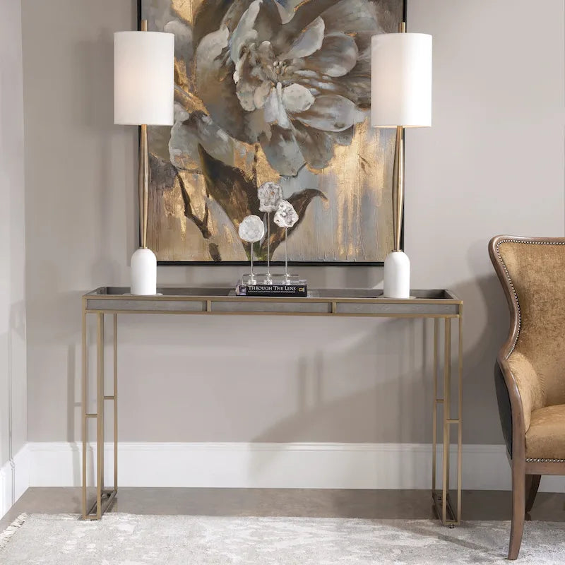 Console moderne plateau gris anthracite avec cadre en laiton brossé et plateau en faux galuchat