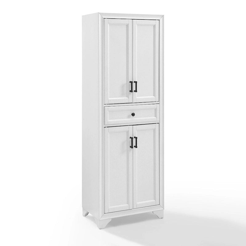 Armoire de rangement de cuisine de style transitoire vieilli blanc avec 2 armoires à double porte, 1 tiroir à extension complète et quincaillerie en laiton