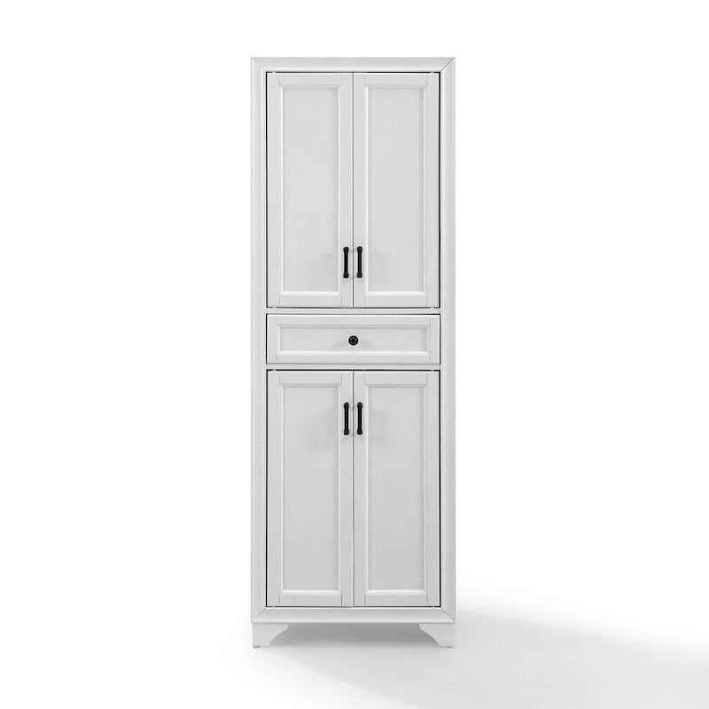 Armoire de rangement de cuisine de style transitoire vieilli blanc avec 2 armoires à double porte, 1 tiroir à extension complète et quincaillerie en laiton