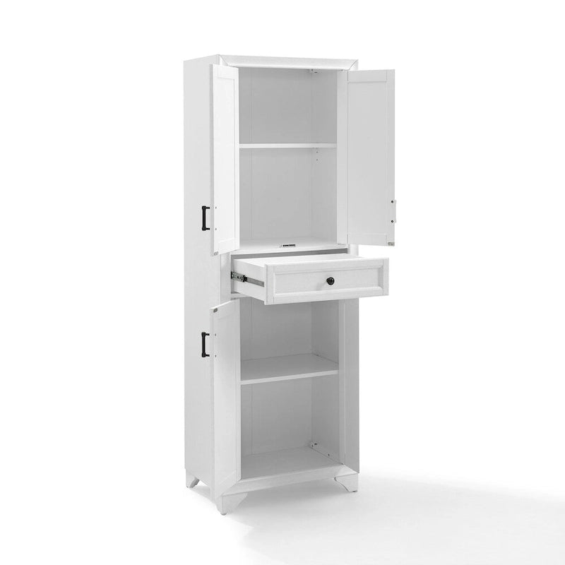 Armoire de rangement de cuisine de style transitoire vieilli blanc avec 2 armoires à double porte, 1 tiroir à extension complète et quincaillerie en laiton