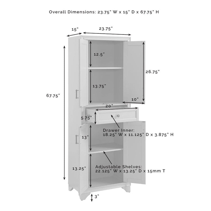 Armoire de rangement de cuisine de style transitoire vieilli blanc avec 2 armoires à double porte, 1 tiroir à extension complète et quincaillerie en laiton