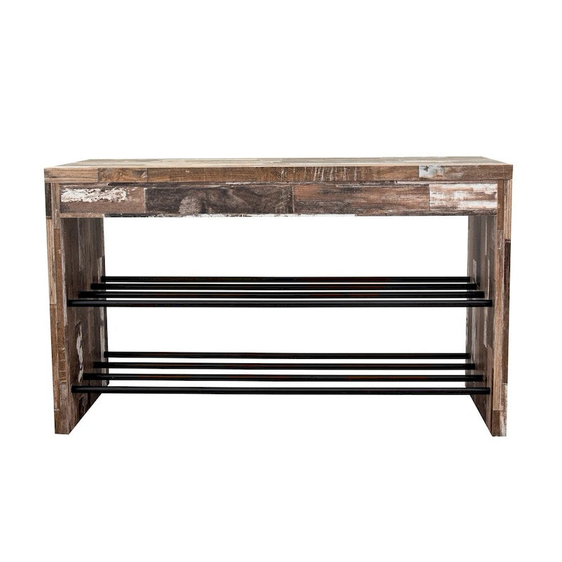 Banc à chaussures industriel à 2 niveaux marron avec étagères en bois vieilli et en fer